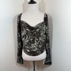 Open Edit Nordstrom Blouse Top M Cowl Neck Smocked Long Sleeve Teal Brown NWT$59